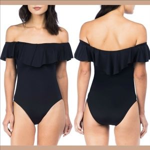 NEW Trina Turk Gypsy‎ Solids Off The Shoulder One Piece Swimsuit [SZ 10 ] Black